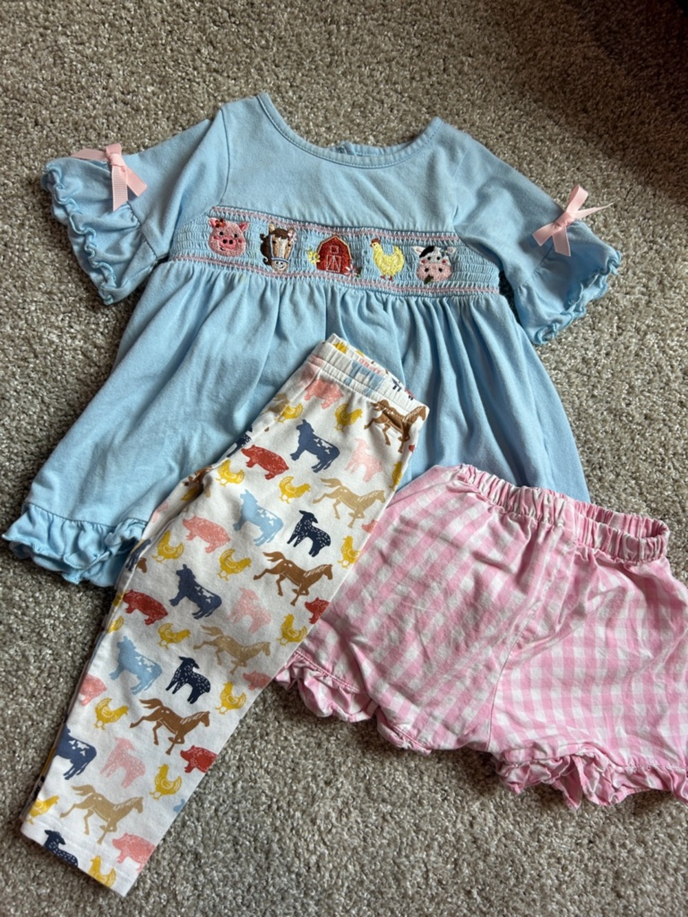 Light Blue Smocked Farm Animal Top with Pink Bow Accents with pants & short